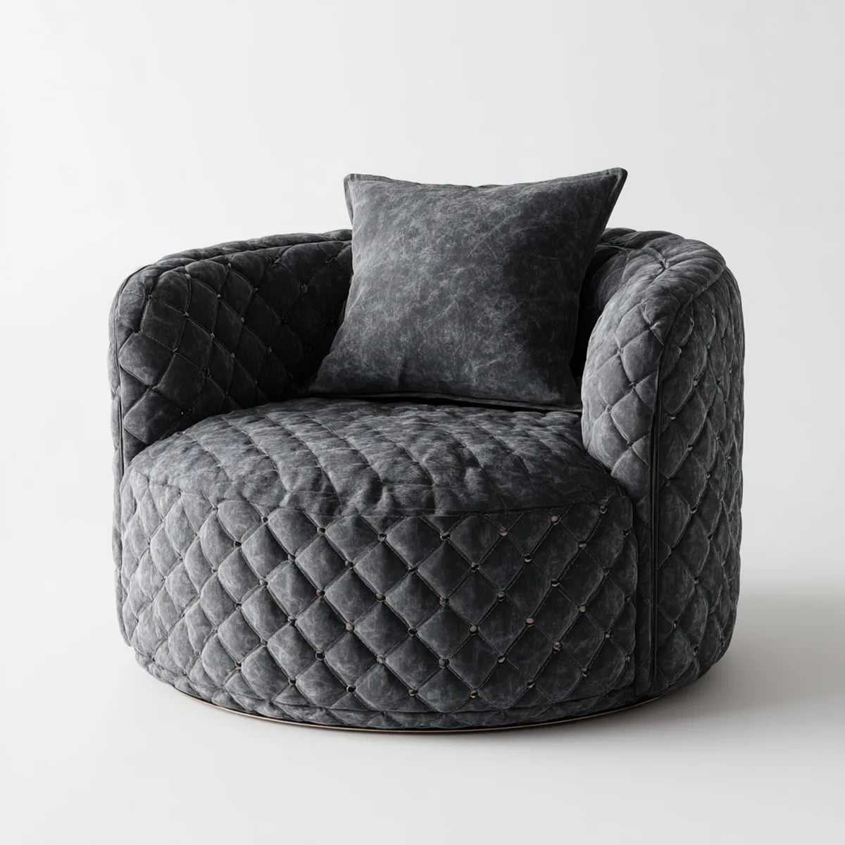 Fauteuil club rond capitonné gris anthracite en velours de polyester 90 x 90 x 75 cm avec coussin
