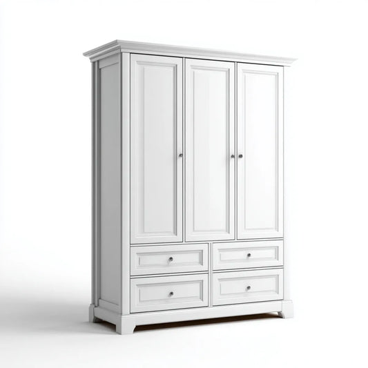 Armoire de chambre 3 portes 4 tiroirs blanche 150 x 55 x 200 cm en panneaux MDF rectangulaire
