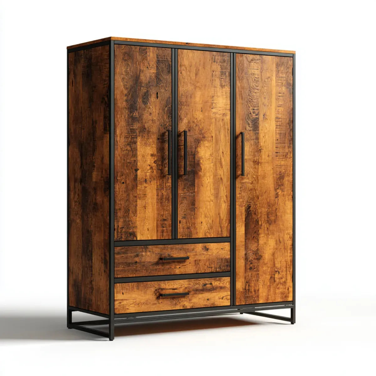 Armoire de chambre 3 portes 2 tiroirs marron et noir 120 x 60 x 200 cm en bois massif de manguier rectangulaire