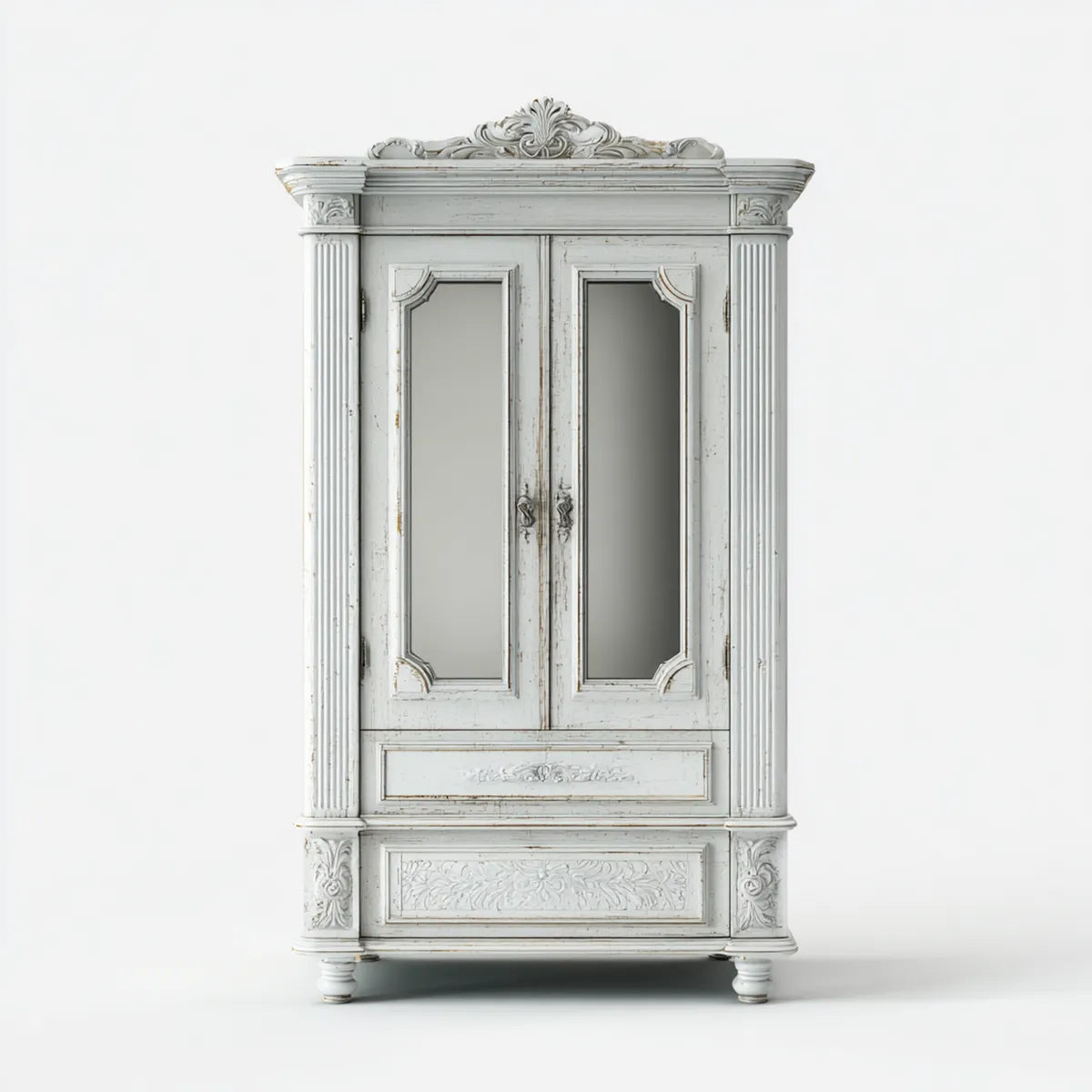 Armoire penderie 2 portes blanc patiné en pin massif avec miroirs 120 x 55 x 220 cm