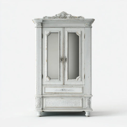 Armoire penderie 2 portes blanc patiné en pin massif avec miroirs 120 x 55 x 220 cm