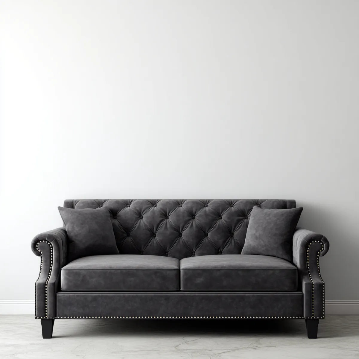 Canapé 2 places Chesterfield gris foncé en polyester effet velours droit 170 x 85 x 78 cm