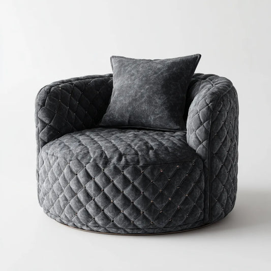 Fauteuil club rond capitonné gris anthracite en velours de polyester 90 x 90 x 75 cm avec coussin