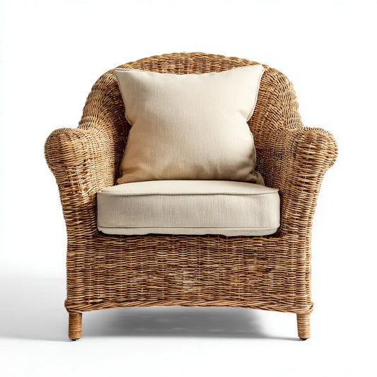 Fauteuil de salon en rotin naturel marron avec coussins beige forme arrondie 85 x 75 x 95 cm
