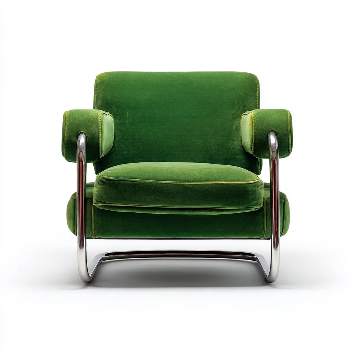 Fauteuil de salon vert en velours polyester avec accoudoirs et piètement en acier inoxydable 85 x 82 x 88 cm