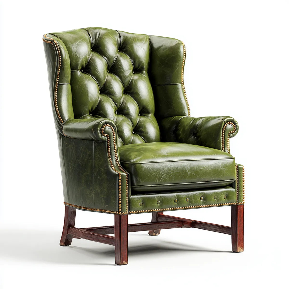 Fauteuil bergère capitonné vert olive en cuir PU 82 x 90 x 110 cm avec pieds en hêtre massif