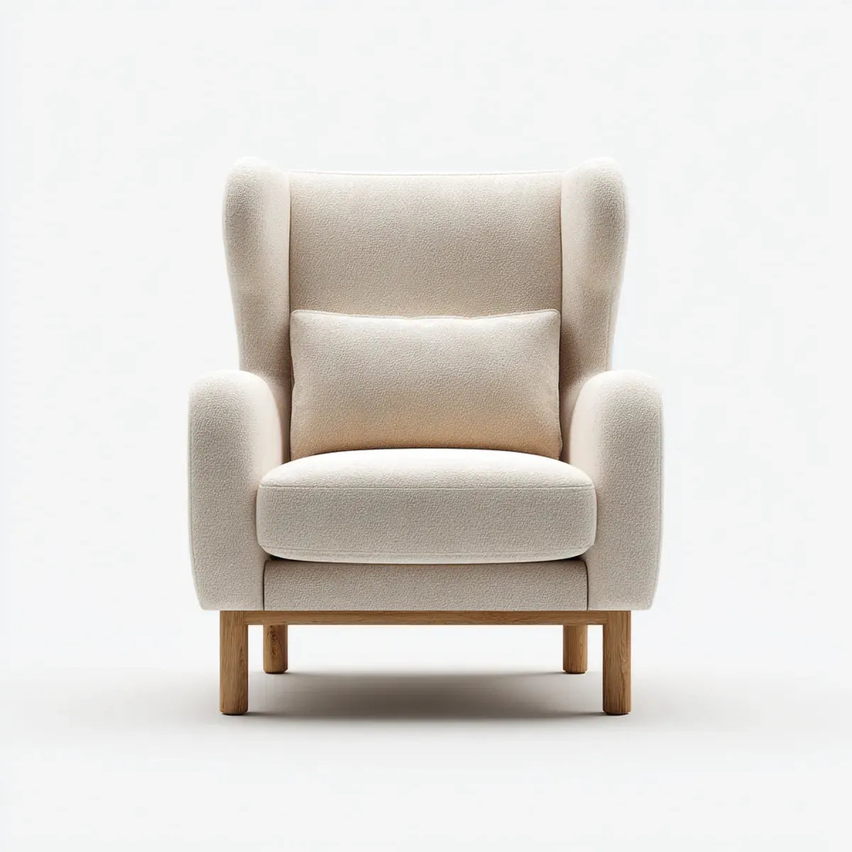 Fauteuil bergère crème en polyester bouclé avec coussin pieds en chêne massif 78 x 88 x 105 cm