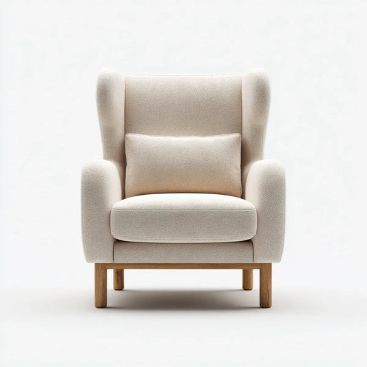 Fauteuil bergère crème en polyester bouclé avec coussin pieds en chêne massif 78 x 88 x 105 cm