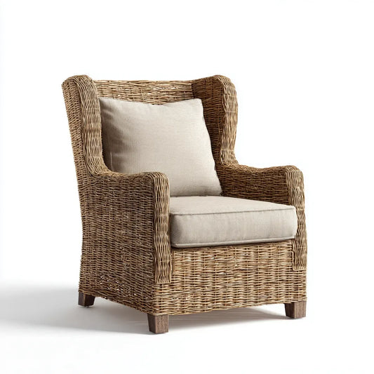 Fauteuil en rotin naturel avec coussins beige dossier haut rectangulaire 83 x 86 x 104 cm